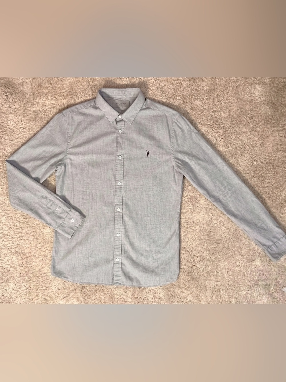 AllSaints Men's Large Gray Cotton Long Sleeve Button Down Shirt Ram Skull